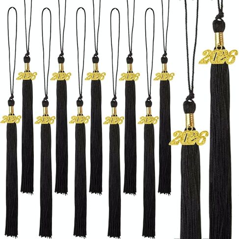 2026 Tassel Graduation Black 9", Elegant Black 2026 Graduation Tassel with Year Charm Gold Date Drop for Graduations Cap in Kuwait