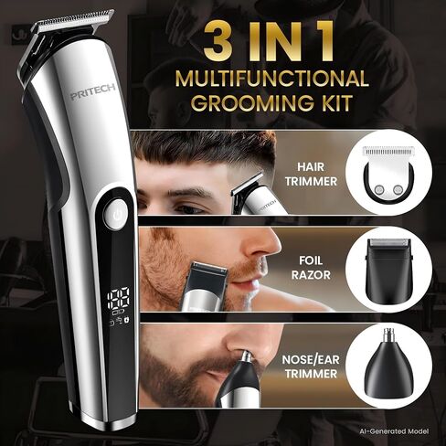 PRITECH Hair Clippers for Men Nose Hair Trimmer Micro Shavers 3 in 1 Mens Grooming Kit Cordless & Rechargeable Electric Hair Trimmer Led Display with T Blade Trimmer Cutting IPX6 in Kuwait