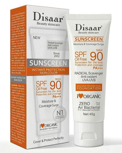 كريم أساس DISAAR BEAUTY SPF 90 للحماية الفورية من الأشعة فوق البنفسجية فئة A والأشعة فوق البنفسجية فئة B، غطاء واقي من الشمس خالٍ من الزيوت يحمي بشكل مثالي، تغطية مرطبة بشكل مثالي، 40 جم in Kuwait