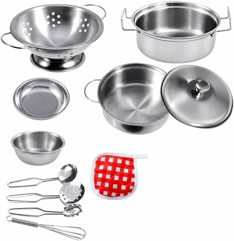 11 Pieces Play Pots and Pans Set | Realistic Shiny Silver Finish, Toy Cookware Set with Storage Pouch, Stainless Steel, for Daycare in Saudi Arabia
