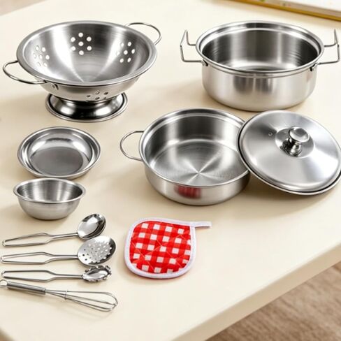 11 Pieces Play Pots and Pans Set | Realistic Shiny Silver Finish, Toy Cookware Set with Storage Pouch, Stainless Steel, for Daycare in Saudi Arabia