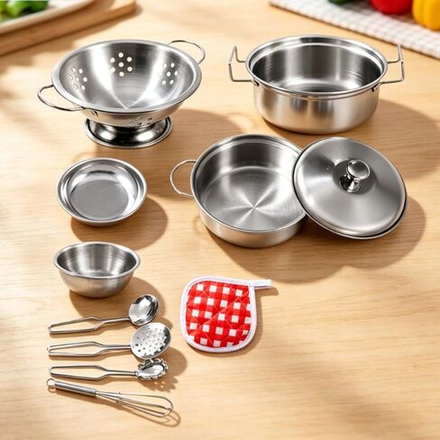 11 Pieces Play Pots and Pans Set | Realistic Shiny Silver Finish, Toy Cookware Set with Storage Pouch, Stainless Steel, for Daycare in Saudi Arabia