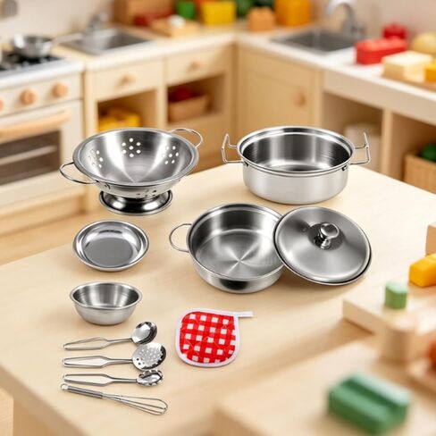 11 Pieces Play Pots and Pans Set | Realistic Shiny Silver Finish, Toy Cookware Set with Storage Pouch, Stainless Steel, for Daycare in Saudi Arabia
