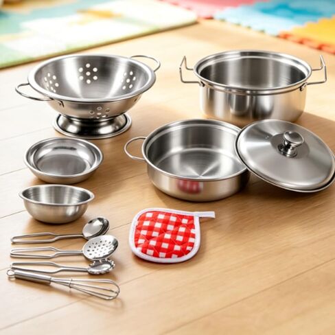 11 Pieces Play Pots and Pans Set | Realistic Shiny Silver Finish, Toy Cookware Set with Storage Pouch, Stainless Steel, for Daycare in Saudi Arabia