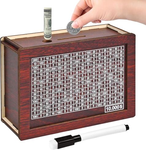 10000 Savings Challenge Box, Wooden Money Saving Piggy Bank for Adults Kids, Reusable, Targets 10k in Saudi Arabia
