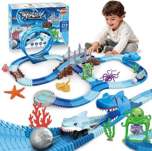 VATOS Track Toys 183 Pcs Shark Race Car Toys for Boys Girls 3 4 5 6 7 9 Year, Bendable Flexible Racetrack Cars with Shark & Ball, Ocean Theme Train Toys, STEM Educational Playset Birthday Gift in Kuwait
