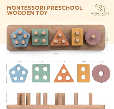 GOPO TOYS Montessori Toys for 18+ Months Old - Toddlers Wooden Sorting and Stacking Toys for Baby Boys and Girls - Shape Sorter and Color Stacker Preschool Kids Wood Gifts in Kuwait