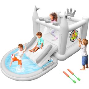 Inflatable Water Slide for Kids, PVC Bouncy Castle Outdoor with Slide, Bounce House, Basketball Hoop, Pool, Rings, Target Game, Jumping, Pump Included in Saudi Arabia