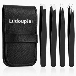 LUDOUPIER [4+1 Pieces] Tweezers Set with Travel Case, Great Precision Upgrade Professional Anti-rust Alloy Tweezers for Women & Men, Multi-purpose as Eyebrows Facial Hair Ingrown Hair Removal in Saudi Arabia