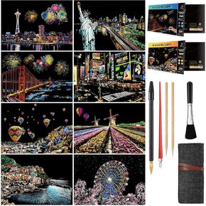 Scratch Art Painting Kit for Adults and Teens, 8 Sheets City Scenery Night View Scratchboards with 5 Engraving Tools, Rainbow Art Paper Set for DIY Crafts, Stress Relief Activity in Saudi Arabia
