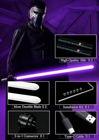 JvmuSaber [𝗦𝘁α𝗿-𝘄α𝗿𝘀] Double-Bladed Lightsaber Toy, RGB USB C Charge Light Saber, 2-in-1 Detachable Alloy Hilt, 12 Colors and 4 Modes & Sounds, for Kid and Adult Children's Day Gift (Black) in Kuwait