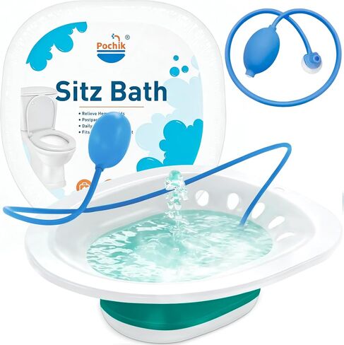 Pochik Sitz Bath, Sitz Bath for Hemorrhoids, Sitz Bath for Toilet Seat, Postpartum Care, Sits Bath Kit for Women, Collapsible, Flusher Hose, Drain Holes, Wider Seating Area, Deeper Bowl in Kuwait