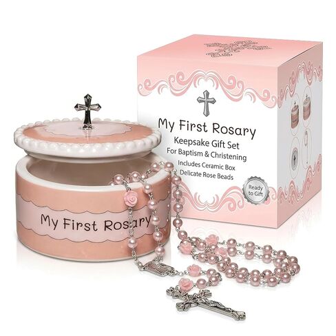 Baptism Gifts for Girl - My First Rosary with Keepsake Box, First Communion Gifts for Girls, Baptisms Gifts for Boys or Girls Christening. Pink Rosary, Ceramic Box and Gift Packaging in Saudi Arabia