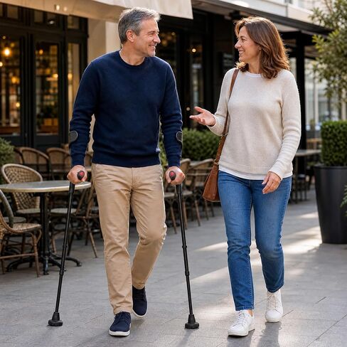KMINA - Forearm Crutches for Adults (x2 Units, Open Cuff), Adult Crutches Adjustable with Handle Pad, Aluminum Arm Crutches Forearm for Adults, Muletas para Adultos, Black Crutches - Made in Europe in Kuwait