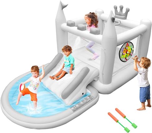 Inflatable Water Slide for Kids, PVC Bouncy Castle Outdoor with Slide, Bounce House, Basketball Hoop, Pool, Rings, Target Game, Jumping, Pump Included in Saudi Arabia