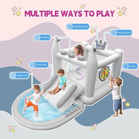 Inflatable Water Slide for Kids, PVC Bouncy Castle Outdoor with Slide, Bounce House, Basketball Hoop, Pool, Rings, Target Game, Jumping, Pump Included in Saudi Arabia