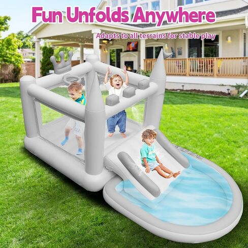Inflatable Water Slide for Kids, PVC Bouncy Castle Outdoor with Slide, Bounce House, Basketball Hoop, Pool, Rings, Target Game, Jumping, Pump Included in Saudi Arabia