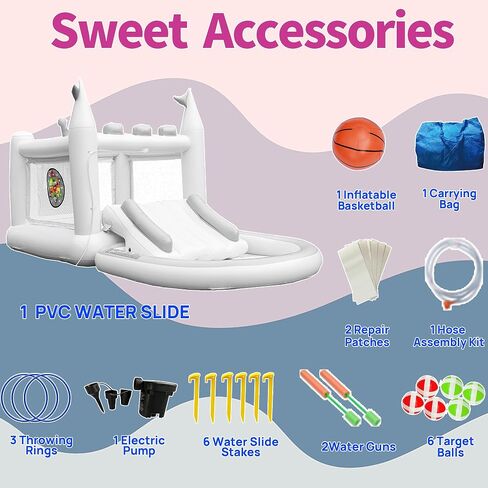 Inflatable Water Slide for Kids, PVC Bouncy Castle Outdoor with Slide, Bounce House, Basketball Hoop, Pool, Rings, Target Game, Jumping, Pump Included in Saudi Arabia