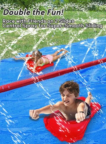 Spring Water 32FT Slip and Water Slide for Kids and Adults, Extra Long Heavy Duty Lawn Water Slides with Sprinklers, 2 Lane Slip Splash Slide with Inflatable Bodyboards, Summer Outdoor Backyard Toys in Saudi Arabia