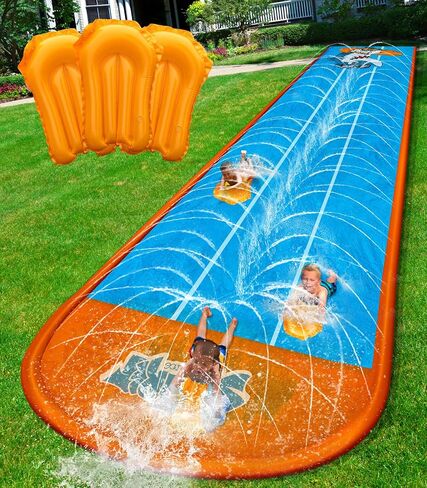 Spring Water Slip and Water Slide for Kids Backyard, 22ft*3 Racing Lanes Slip Water Slides with Sprinkler for Age 5-8 8-12, Summer Outdoor Water Toy with 3 Inflatable Bodyboards in Saudi Arabia
