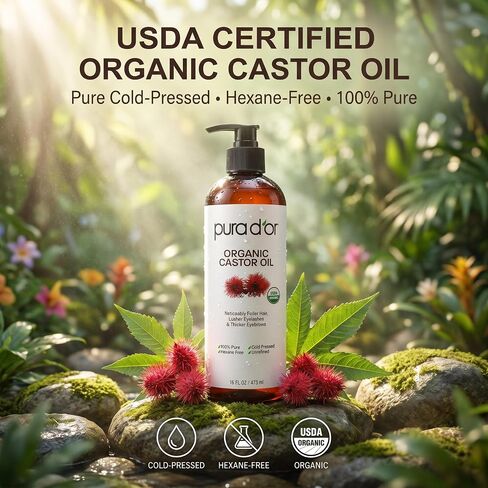 PURA D'OR Organic Castor Oil 100% Pure, Cold Pressed, Hexane Free Growth Serum For Fuller, Thicker Lashes & Brows, Moisturizes & Cleanses Skin, 16oz in Kuwait