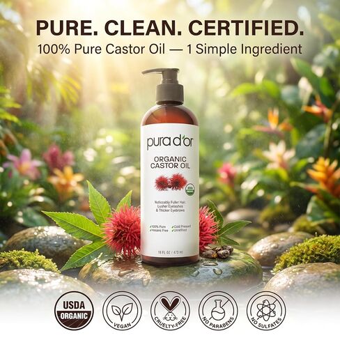 PURA D'OR Organic Castor Oil 100% Pure, Cold Pressed, Hexane Free Growth Serum For Fuller, Thicker Lashes & Brows, Moisturizes & Cleanses Skin, 16oz in Kuwait