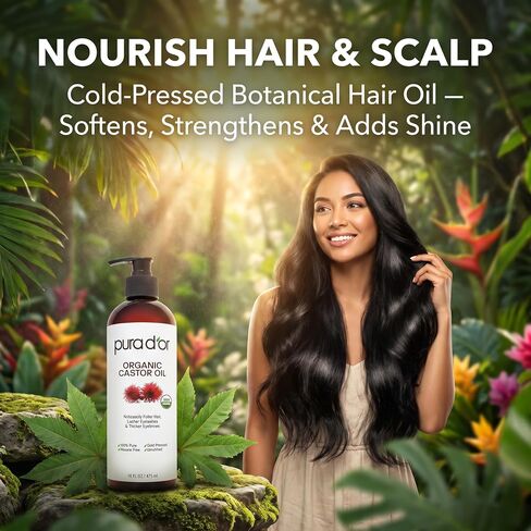PURA D'OR Organic Castor Oil 100% Pure, Cold Pressed, Hexane Free Growth Serum For Fuller, Thicker Lashes & Brows, Moisturizes & Cleanses Skin, 16oz in Kuwait