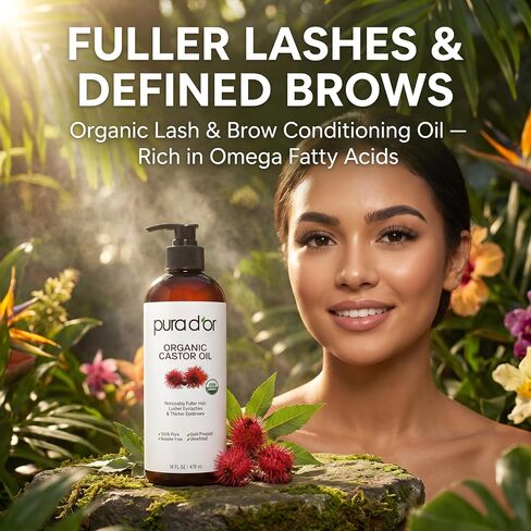 PURA D'OR Organic Castor Oil 100% Pure, Cold Pressed, Hexane Free Growth Serum For Fuller, Thicker Lashes & Brows, Moisturizes & Cleanses Skin, 16oz in Kuwait