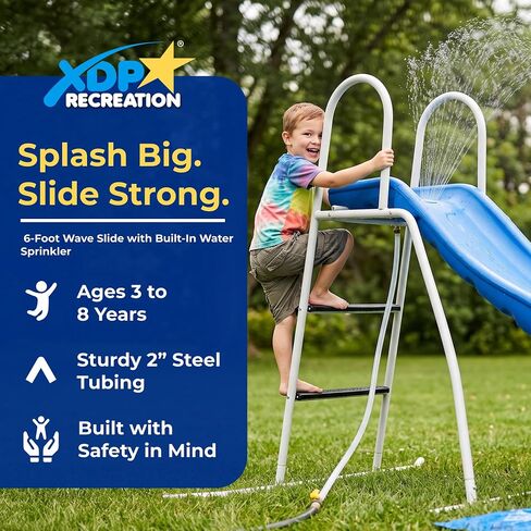 XDP Recreation 6 Foot Water Wave Slide with Built in Adjustable Sprinkler, Freestanding with Ground Pad and Hose Extension for Lawn Fun, Ages 3 to 8 in Saudi Arabia