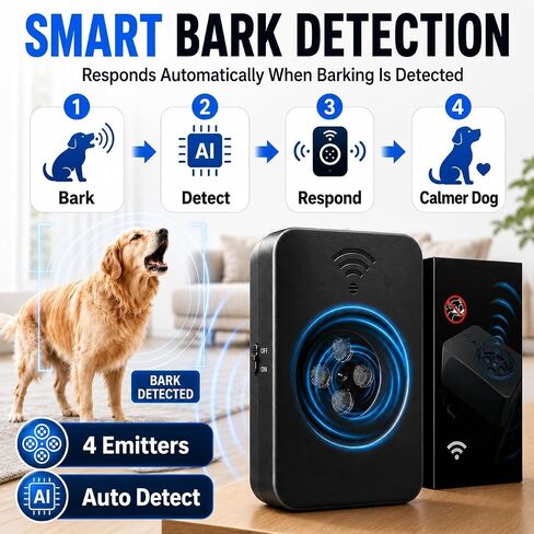 Smart Anti Barking Device for Dogs, 4-Emitter Ultrasonic Bark Deterrent, 50 FT Range, 3 Modes, USB Rechargeable Bark Control Box for 20-120 lb Dogs, Indoor Outdoor Use in Kuwait