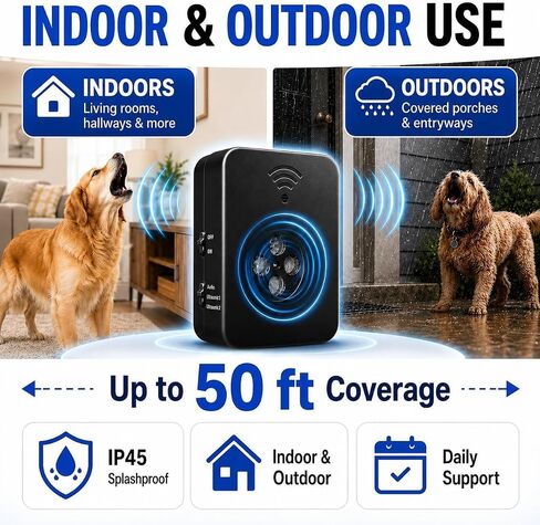 Smart Anti Barking Device for Dogs, 4-Emitter Ultrasonic Bark Deterrent, 50 FT Range, 3 Modes, USB Rechargeable Bark Control Box for 20-120 lb Dogs, Indoor Outdoor Use in Kuwait