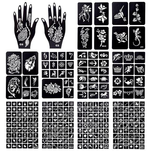 Koogel 18 Sheets Henna Tattoo Stencil Kit, 97 PCS Temporary Glitter Airbrush Flower Tattoo Stencils for Women and Girls Arabian Realistic Tattoo Stickers for Face Paint Body Art in Kuwait