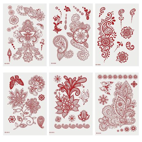 AHIER Henna Tattoo, 6 Sheets Henna Stickers, Waterproof Red Henna Tattoo Stickers for Women in Kuwait