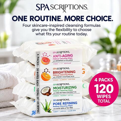 SpaScriptions Makeup Cleansing Wipes 30 CT, Variety 4 pack, 120 Count Total in Kuwait