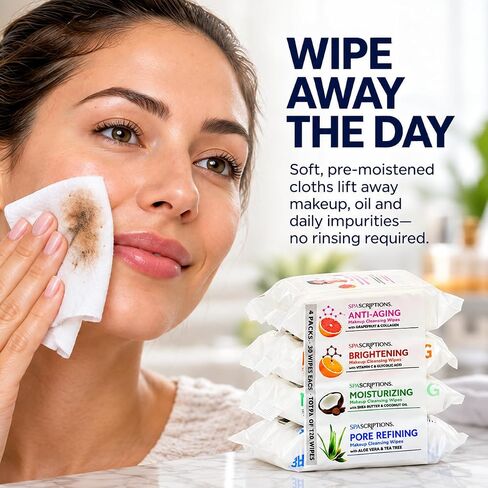 SpaScriptions Makeup Cleansing Wipes 30 CT, Variety 4 pack, 120 Count Total in Kuwait