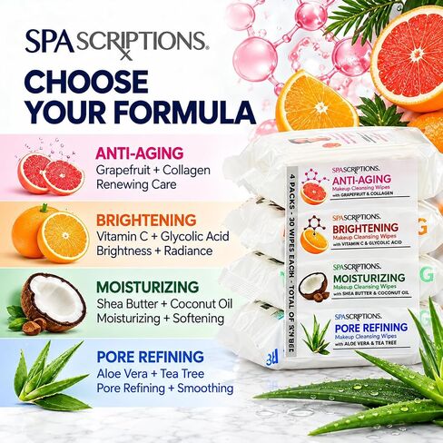 SpaScriptions Makeup Cleansing Wipes 30 CT, Variety 4 pack, 120 Count Total in Kuwait