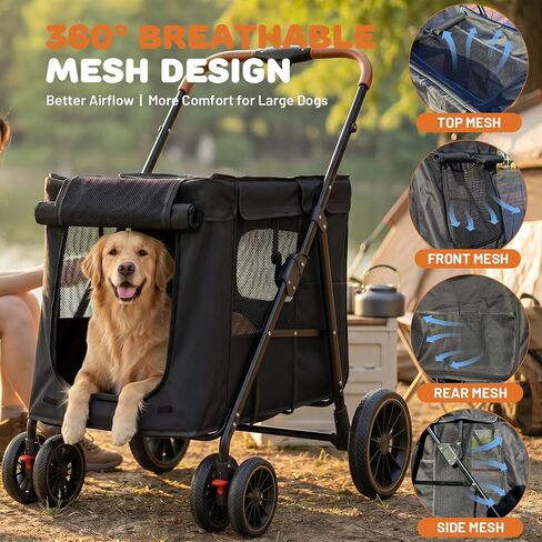 Dog Stroller for Medium Dogs & Large Breeds, Foldable Pet Stroller for Multiple Pets Up to 80 lbs, Dual Carbon Steel Support Bars, All-Terrain Wheels, Cup Holder & Storage Pocket in Kuwait