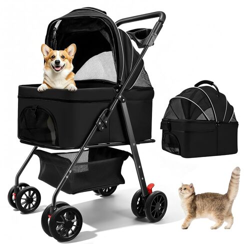 Pet Stroller for Small Dogs and Cats with 4 Wheels, 3 in 1 Foldable Dog Stroller with Detachable Carrier, Breathable Mesh, Storage Basket & Cup Holder, Up to 33 lbs in Kuwait