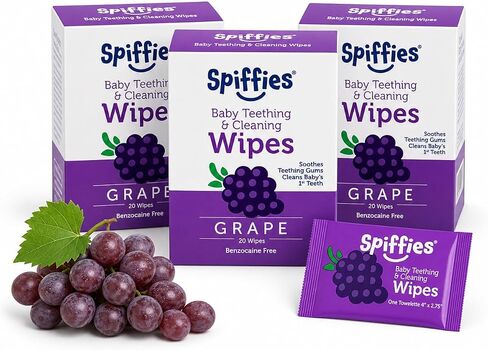 مناديل مبللة للعناية بالفم للأطفال من Spiffies - مناديل مناديل مبللة للثة والأسنان لتخفيف التسنين وتنظيف أسنان الرضع والأطفال الصغار - مناديل مبللة لأسنان الأطفال مع إكسيليتول للأعمار من 0 إلى 12 شهرًا فما فوق (العنب، 20 قطعة، 6 عبوات) in Kuwait