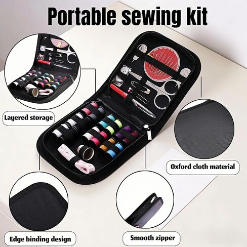 Portable Sewing Kit with 14 Threads & Scissors, Mini Travel Sewing Kit for Beginners & Adults, Emergency Sewing Set for Travelers, Gifts for Grandma Mom Friends, Compact Sewing Accessories (Black) in Kuwait