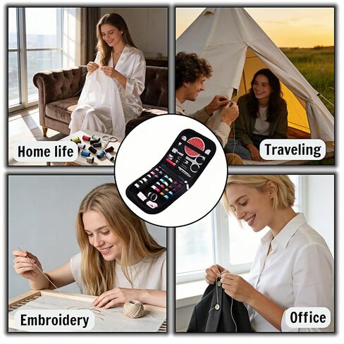 Portable Sewing Kit with 14 Threads & Scissors, Mini Travel Sewing Kit for Beginners & Adults, Emergency Sewing Set for Travelers, Gifts for Grandma Mom Friends, Compact Sewing Accessories (Black) in Kuwait