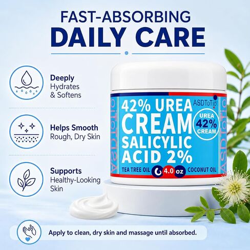 ASDToTio Urea Cream 42% - Premium Urea Foot Cream - With 2% Salicylic Acid, Tea Tree Oil, Shea Butter, Aloe Vera - For Feet, Hands, Heels, Elbows, Knees and More - 4 oz in Kuwait