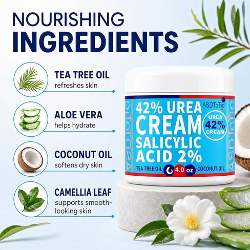 ASDToTio Urea Cream 42% - Premium Urea Foot Cream - With 2% Salicylic Acid, Tea Tree Oil, Shea Butter, Aloe Vera - For Feet, Hands, Heels, Elbows, Knees and More - 4 oz in Kuwait