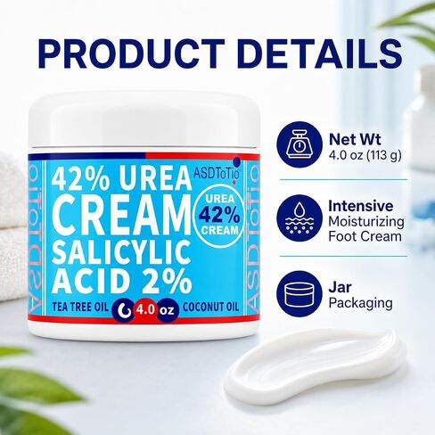 ASDToTio Urea Cream 42% - Premium Urea Foot Cream - With 2% Salicylic Acid, Tea Tree Oil, Shea Butter, Aloe Vera - For Feet, Hands, Heels, Elbows, Knees and More - 4 oz in Kuwait