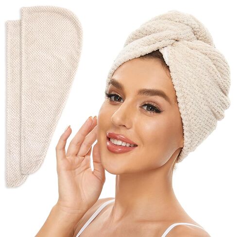 2 Pack Microfiber Hair Towel Wrap for Women, Anti Frizz Quick Drying Hair Turban for All Hair Style, Absorbent and Lightweight (Beige) in Saudi Arabia