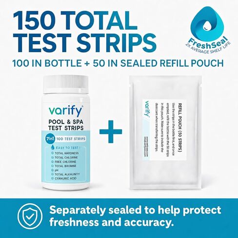 Premium Pool and Spa Test Strips - 100 ct - 7 Way Accurate Testing Strip for Pool + Hot Tub | Chlorine Bromine Alkalinity pH Hardness & Cyanuric Acid | Water Quality Testing Kit for Water Maintenance in Saudi Arabia