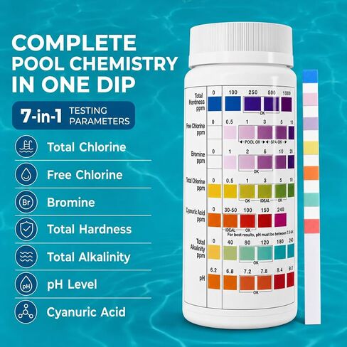Premium Pool and Spa Test Strips - 100 ct - 7 Way Accurate Testing Strip for Pool + Hot Tub | Chlorine Bromine Alkalinity pH Hardness & Cyanuric Acid | Water Quality Testing Kit for Water Maintenance in Saudi Arabia