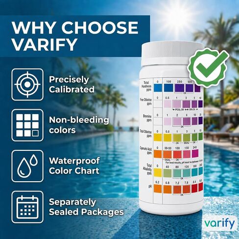 Premium Pool and Spa Test Strips - 100 ct - 7 Way Accurate Testing Strip for Pool + Hot Tub | Chlorine Bromine Alkalinity pH Hardness & Cyanuric Acid | Water Quality Testing Kit for Water Maintenance in Saudi Arabia