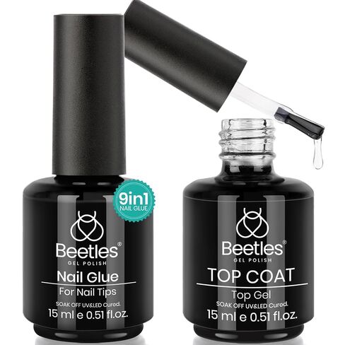 beetles Gel Polish 5 in 1 Nail Glue Base Gel and No Wipe Top Coat Kit 2PCS 15ML for Gel Nails and Gel Nail Polish Easy Nail Extension Gel, Soak Off LED Gel Shine Finish and Long Lasting in Kuwait