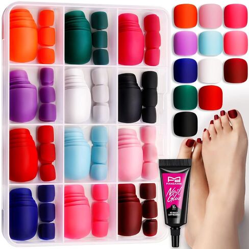 FANDAMEI Press on Toe Nails, 12 Packs 288PCS Press on Toenails Short Square, Fake Toe Nails Full Cover, Acrylic False Toes Nails 12 Color Matte. Press on Toenails for Women Girls Nail Art DIY in Kuwait